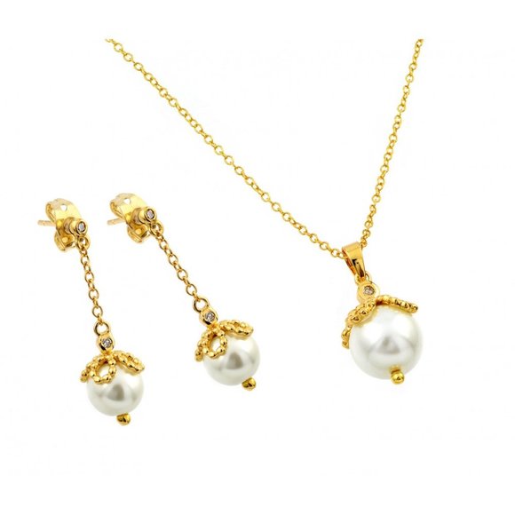 Silver 925 Gold Plated Pearl Drop Clear CZ Dangling Stud Earring and Necklace Se